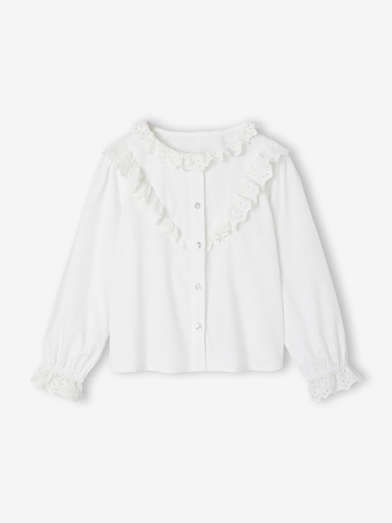 Chemise fille volants en broderie anglaise écru