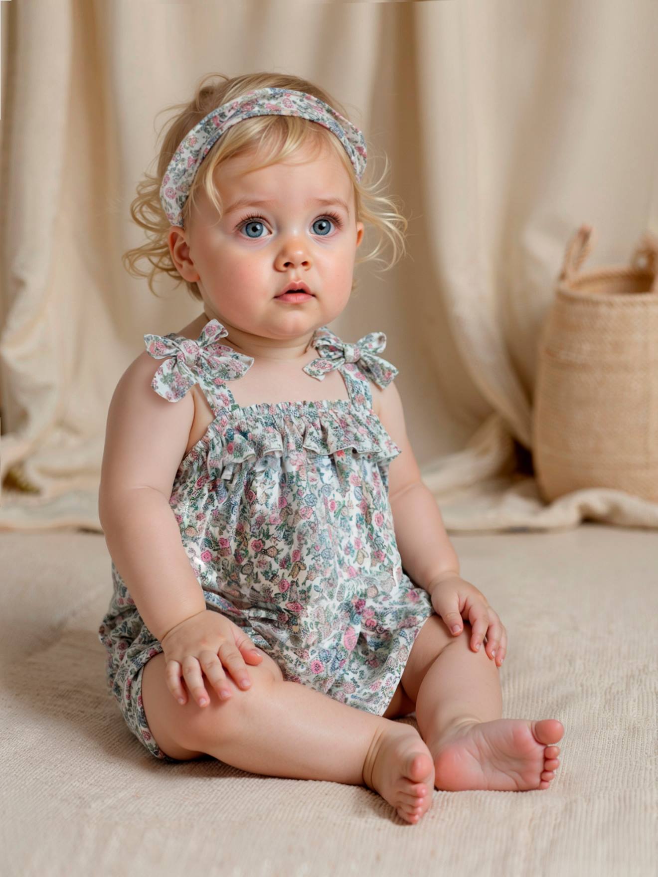 Ensemble naissance robe et bandeau imprimés écru