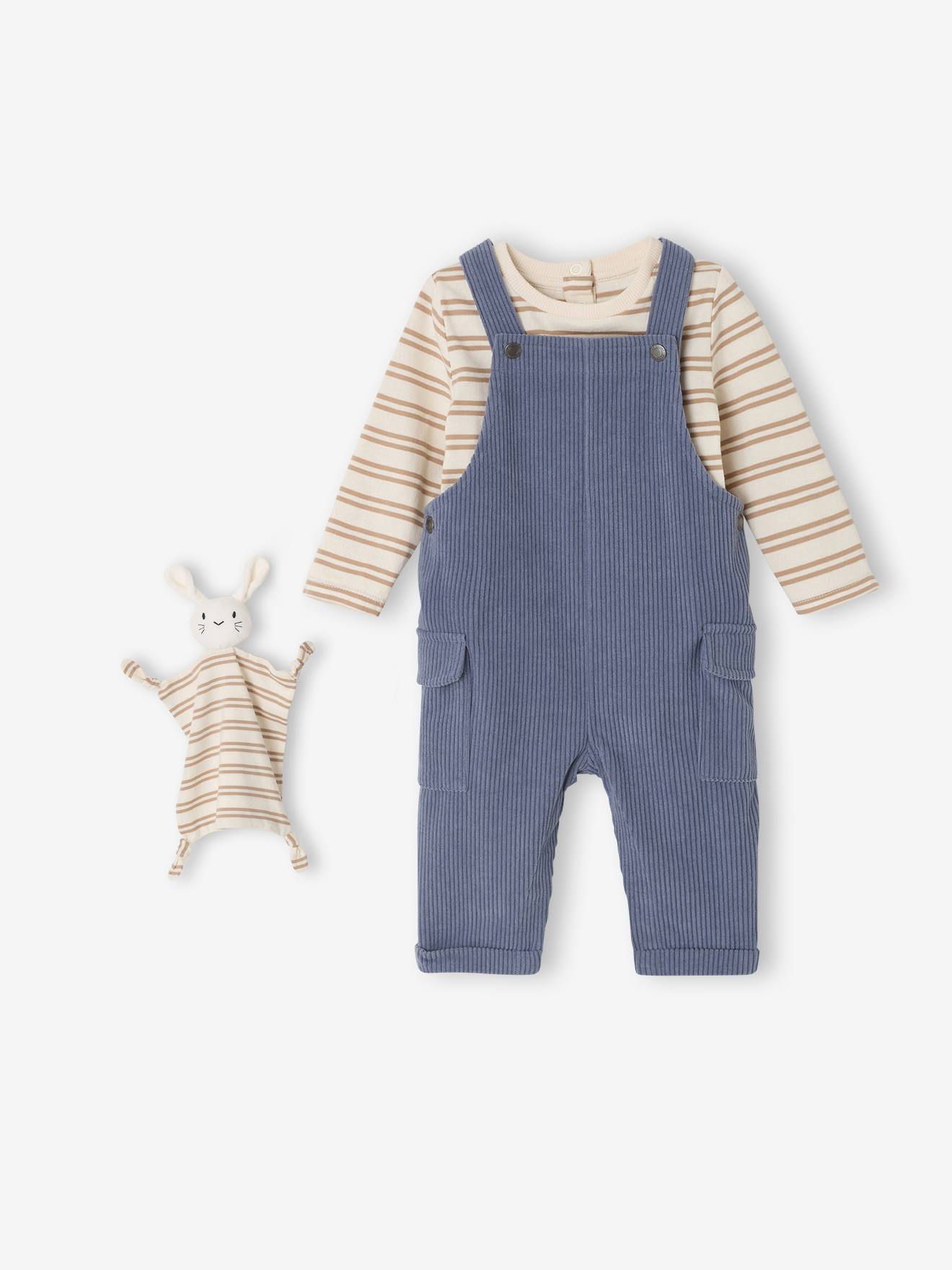 Coffret bébé T-shirt manches longues + salopette + doudou bleu grisé