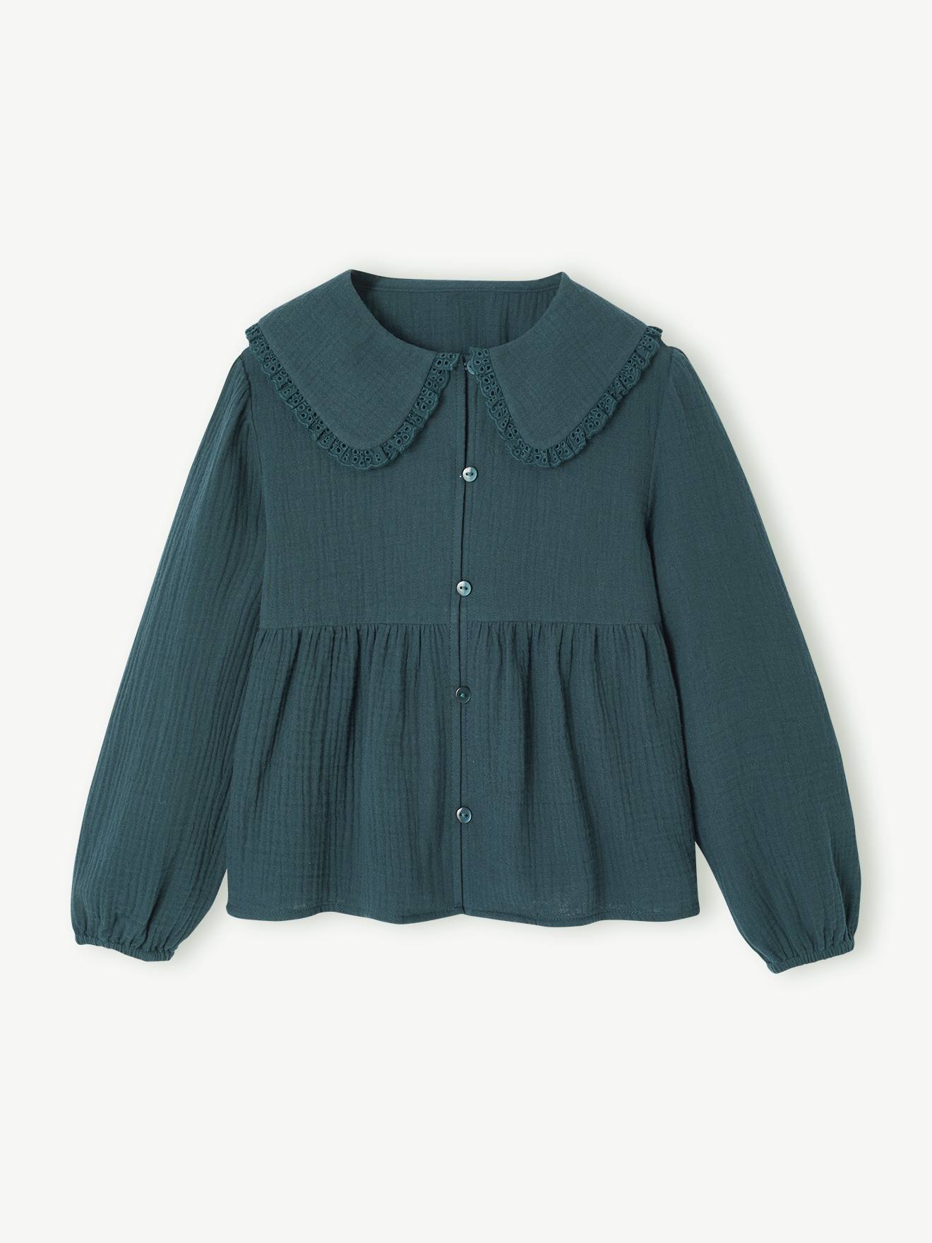Chemise fille gaze de coton col brodé vert émeraude