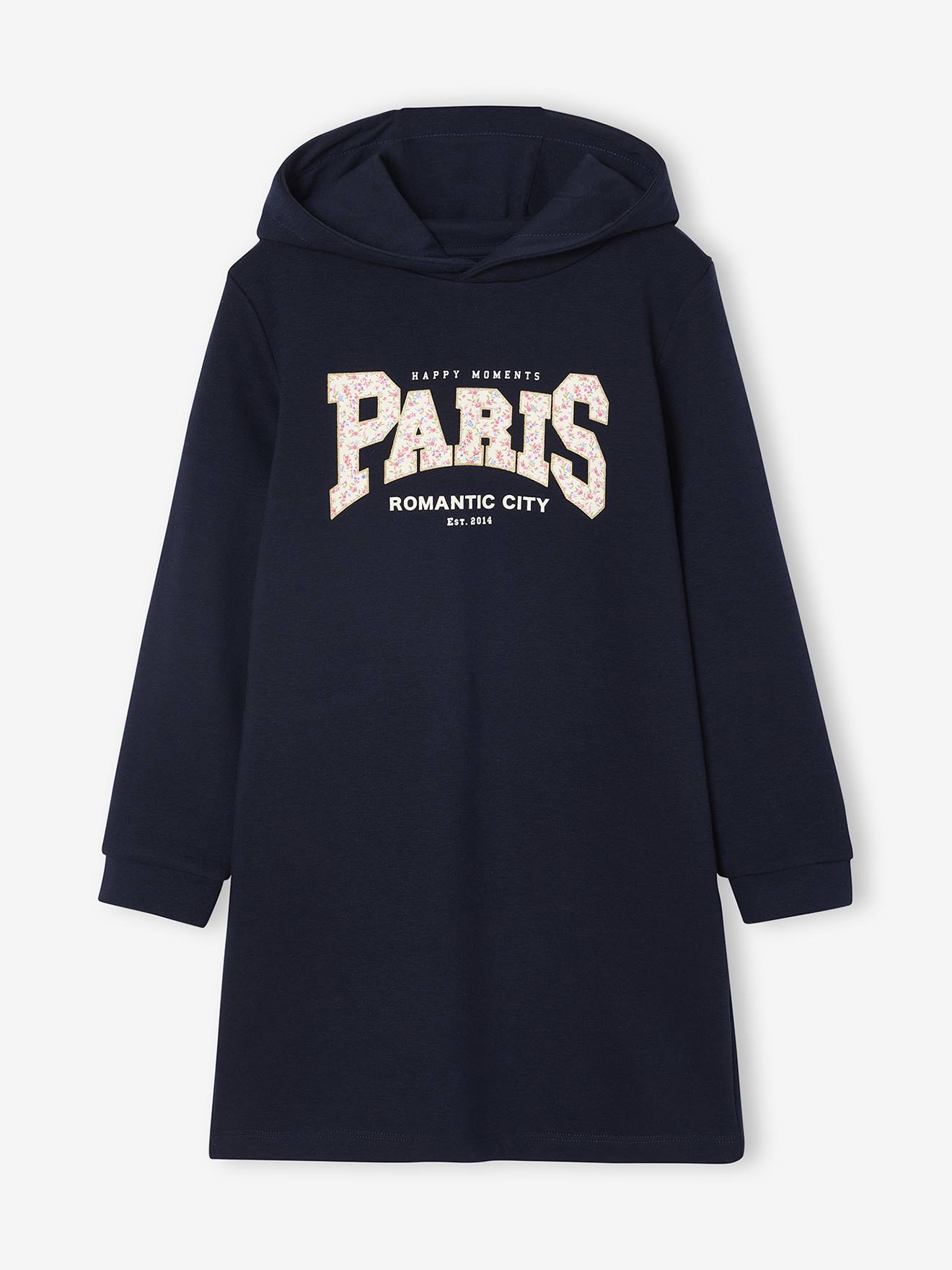 Robe à capuche en molleton fille détails fantaisie marine