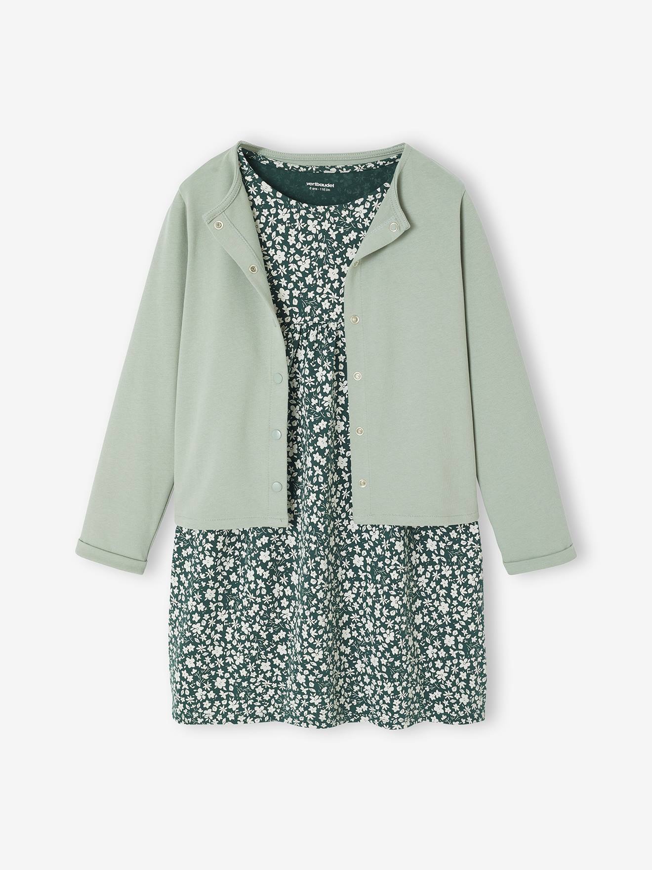 Ensemble fille cardigan et robe imprimée fleurs vert de gris