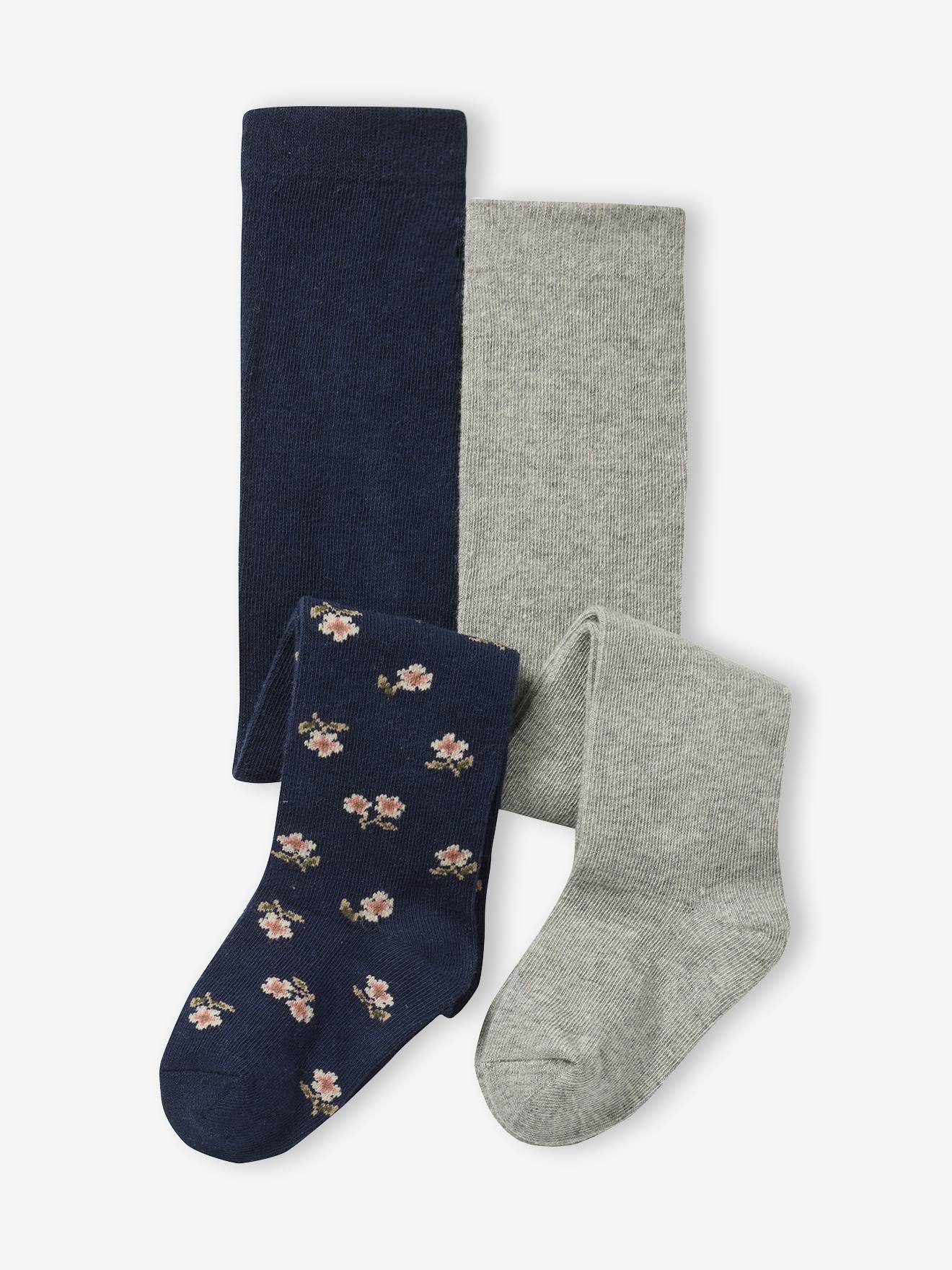 Lot 2 collants bébé fille uni et motifs fleurs bleu nuit