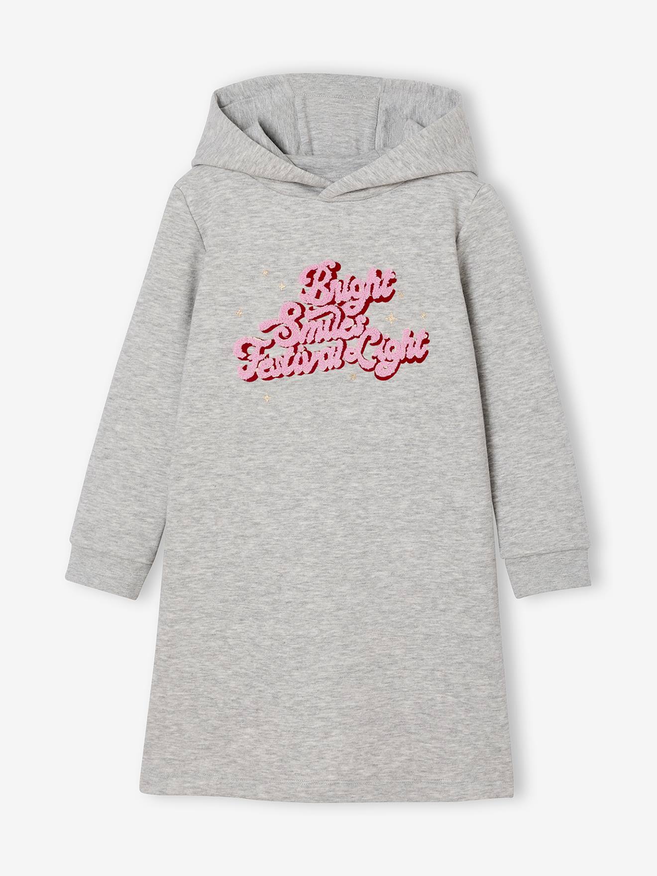 Robe à capuche en molleton fille détails fantaisie gris chiné