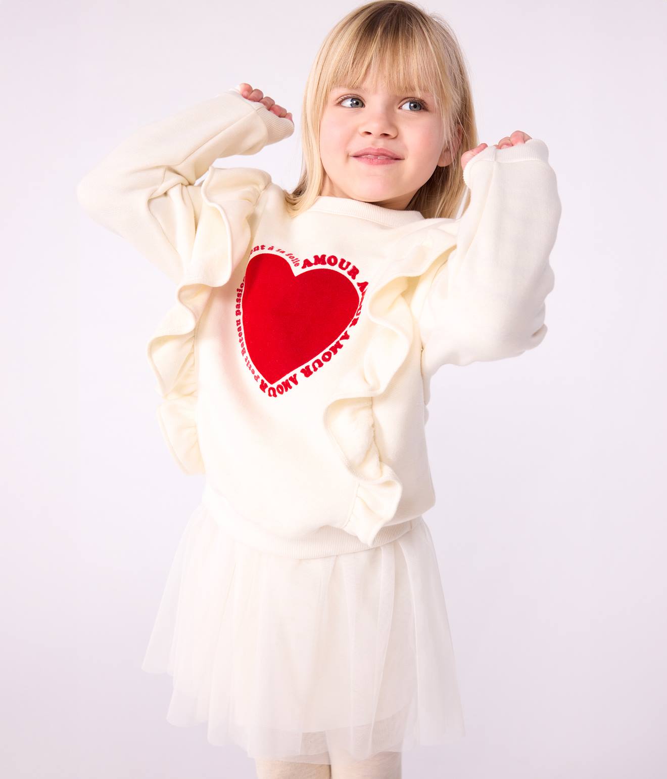 Sweat-shirt fille en coton imprimé à volants écru Sweat-shirt fille en coton imprimé à volants écru