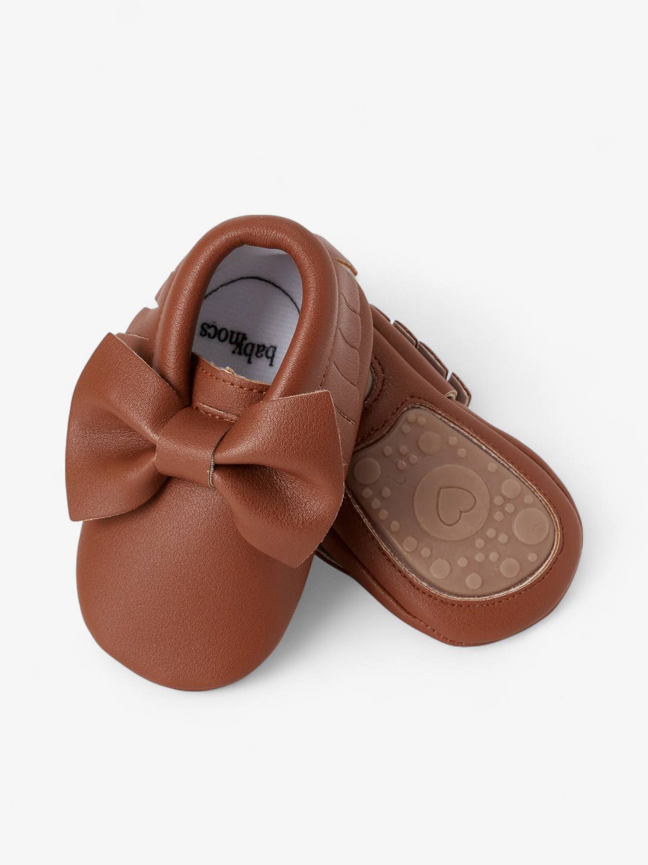 Chaussons Bow Bébé En Cuir Vegan Brun (Babymocs) - Image 1