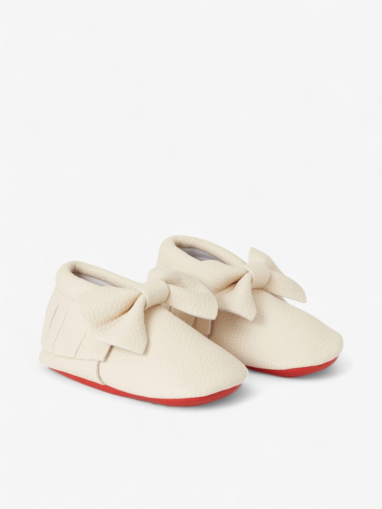 Chaussons Bow Bébé En Cuir Vegan Blanc Cassé Avec Rouge