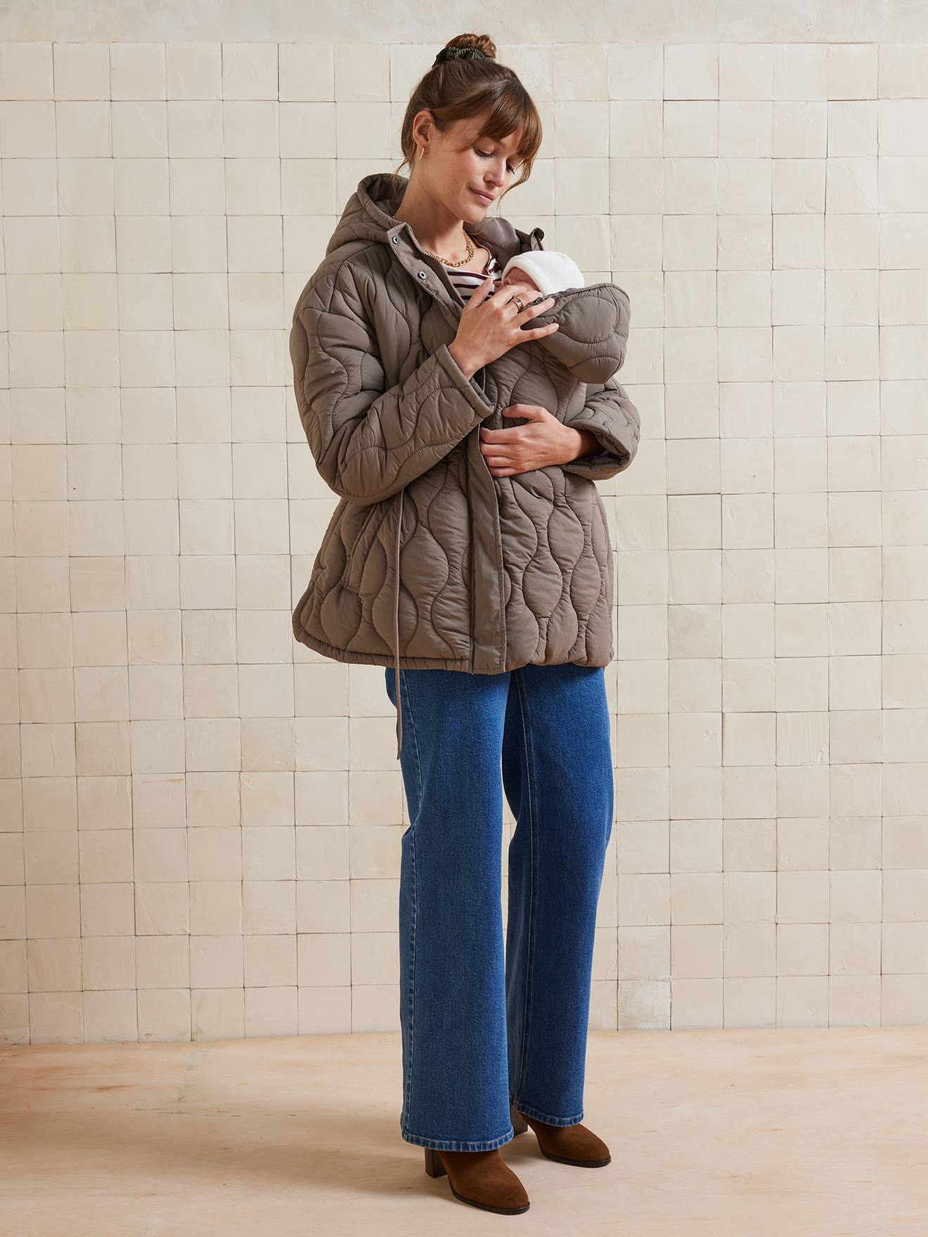 Veste manteau matelassée évolutive grossesse et post-grossesse taupe (Vertbaudet) - Image 1