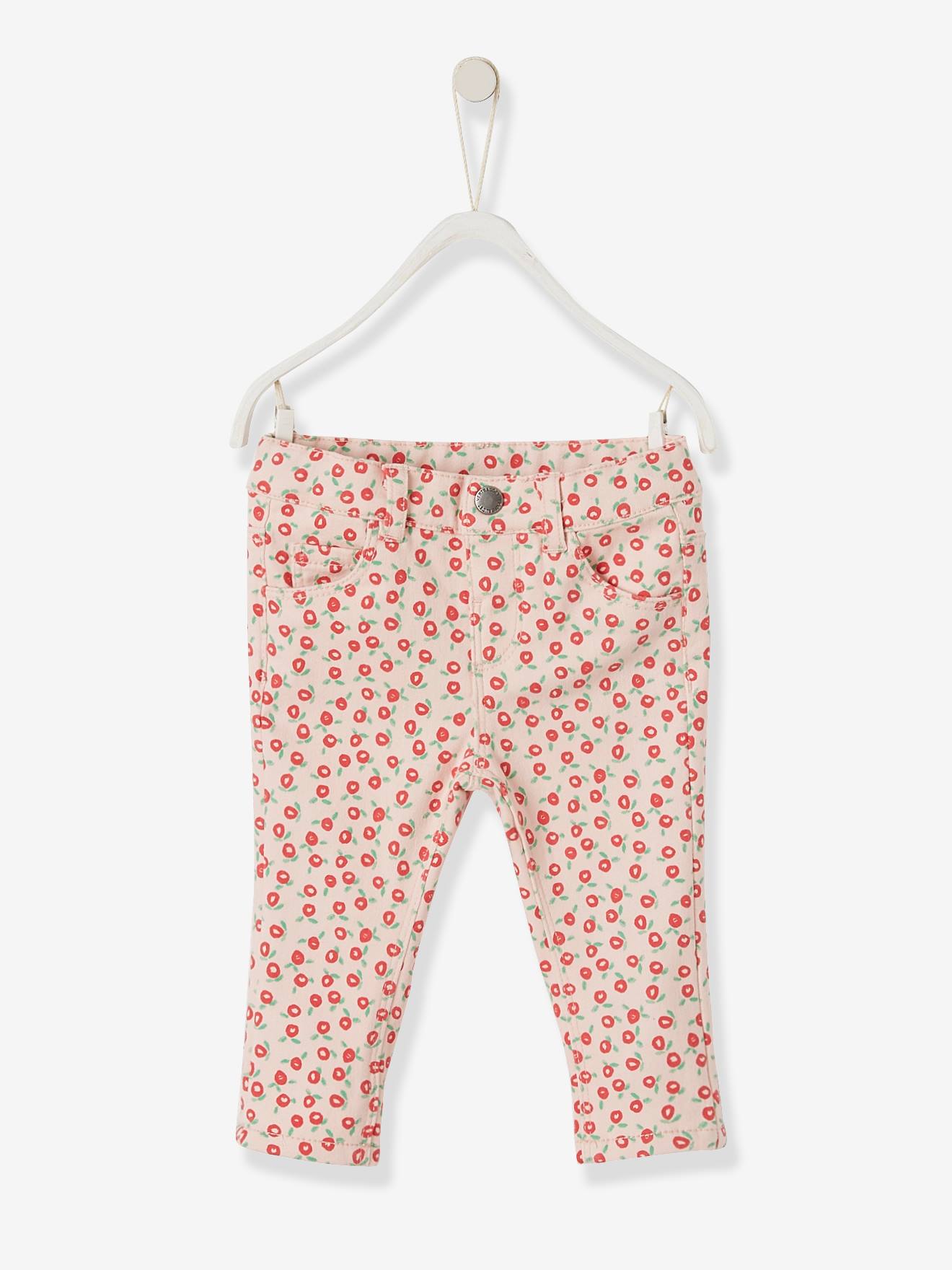 Pantalon slim bébé fille ceinture pressionnée rose à fleurs