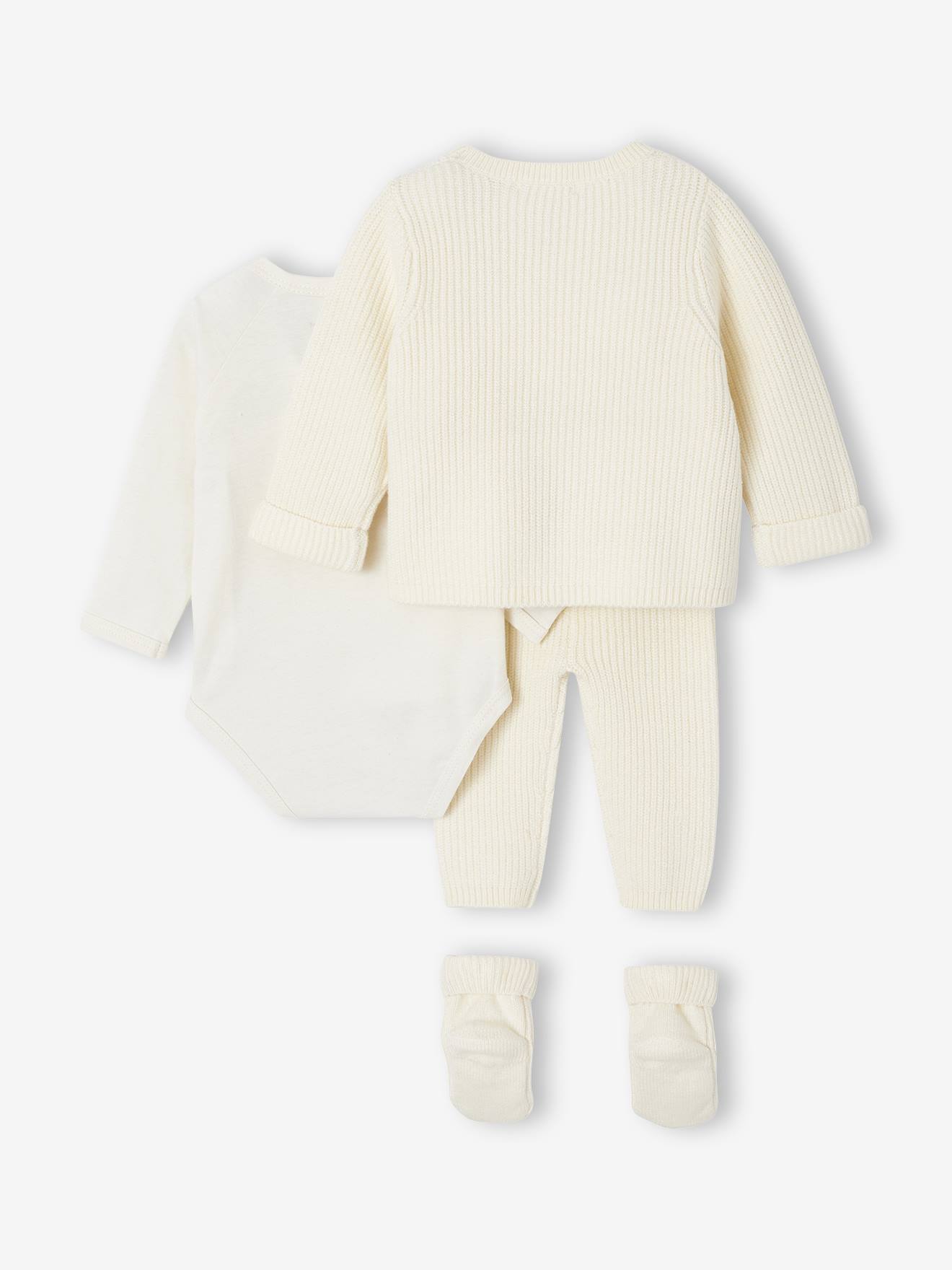 Ensemble bébé 4 pièces en tricot gilet + pantalon + chaussons + body coffret cadeau naissance écru (Vertbaudet) - Image 2