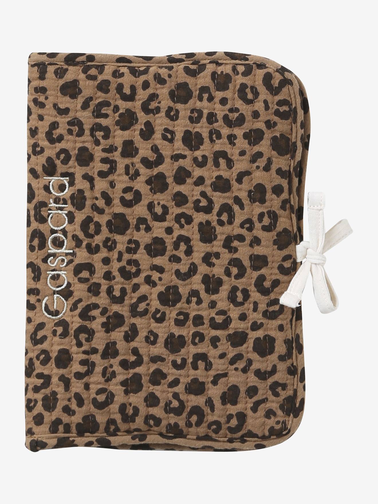 Protège carnet de santé en gaze de coton léopard personnalisable beige
