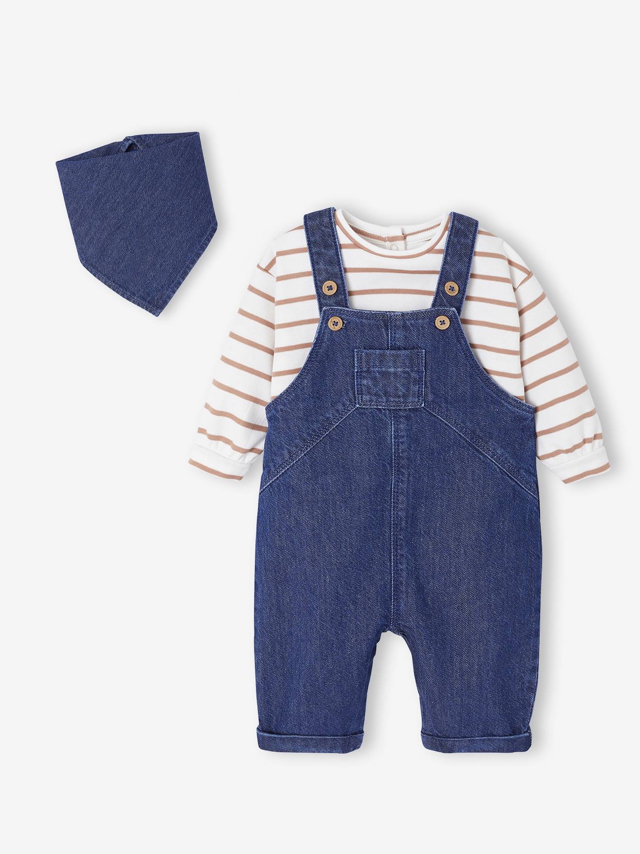 Ensemble 3 pièces naissance body + salopette + foulard stone