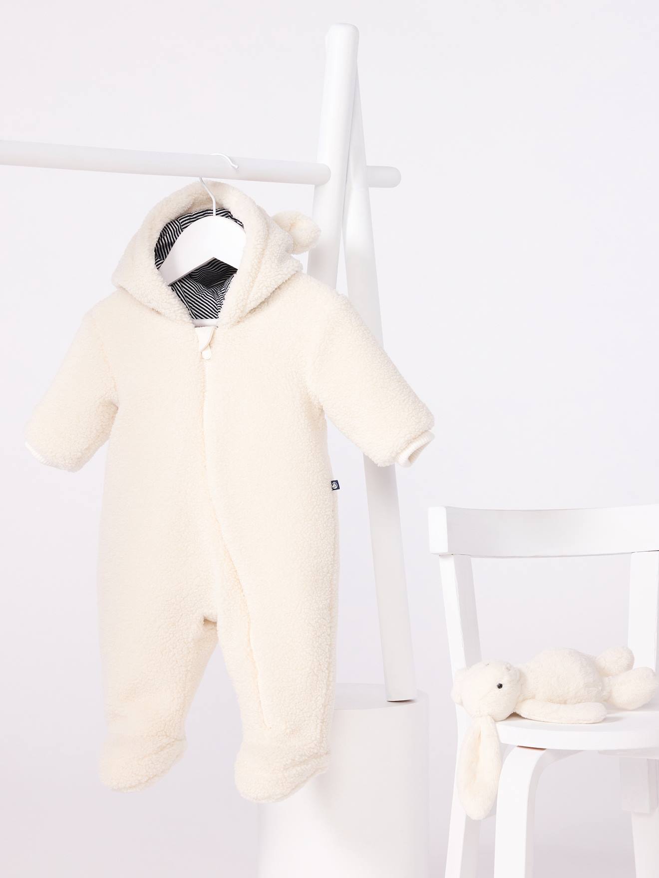 Combipilote bébé en sherpa avec oreilles et doublée milleraies écru