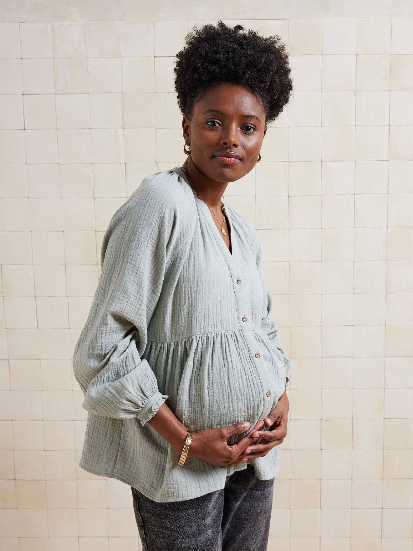 Blouse grossesse et allaitement en gaze coton biologique* vert sauge