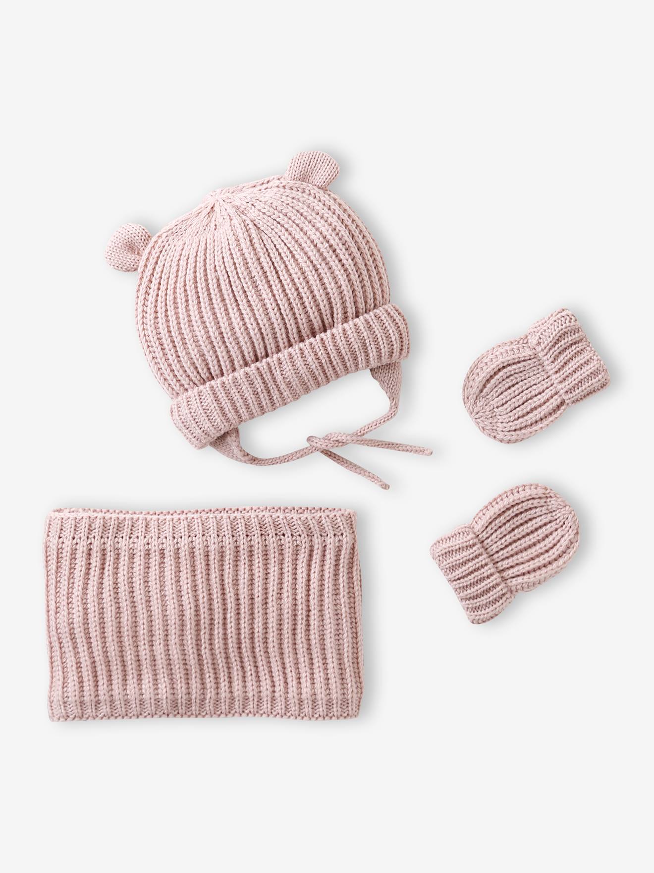 Ensemble bonnet, snood et moufles bébé rose pâle