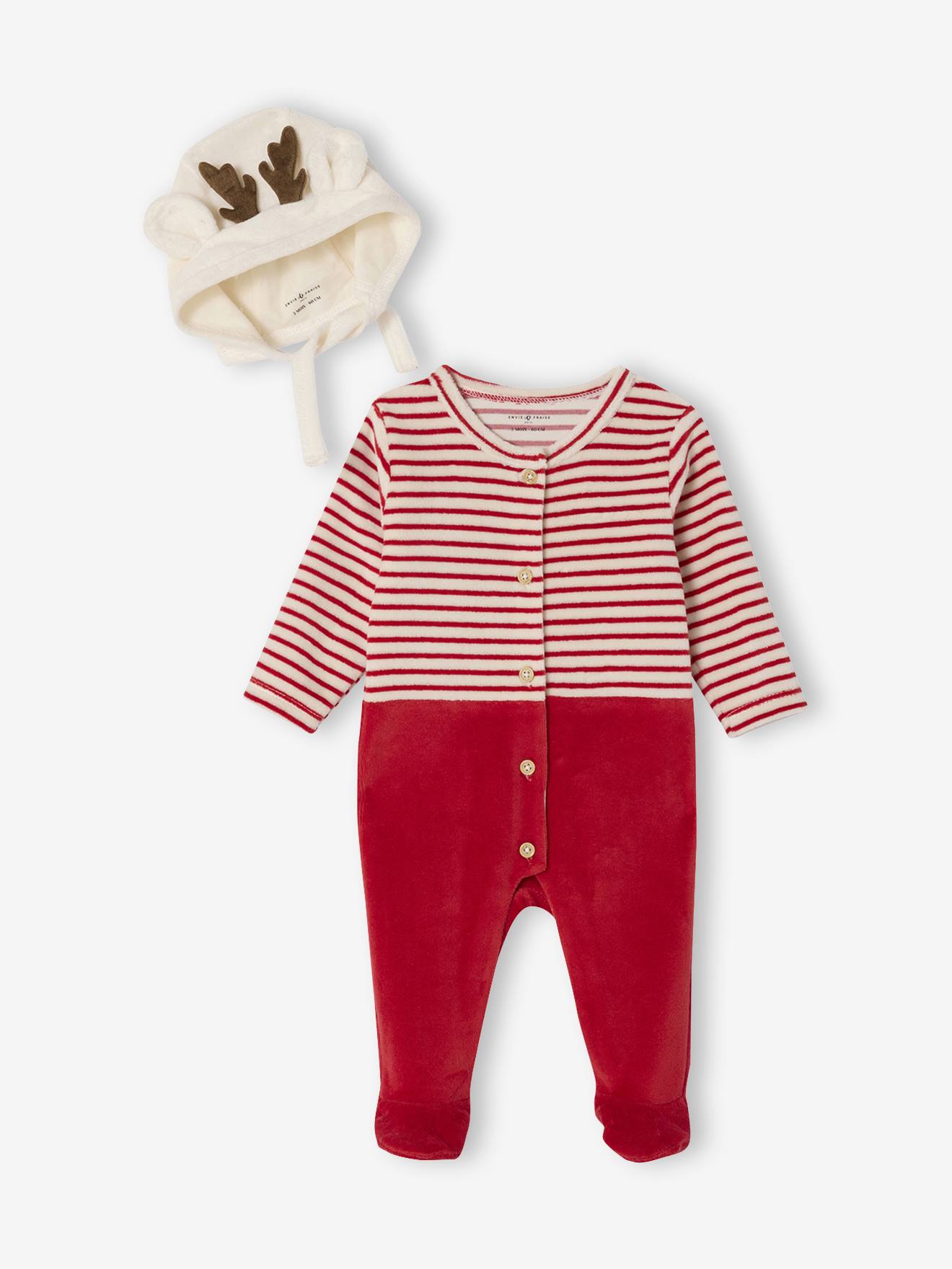 Pyjama noël et bonnet bébé en velours ENVIE DE FRAISE personnalisable rouge