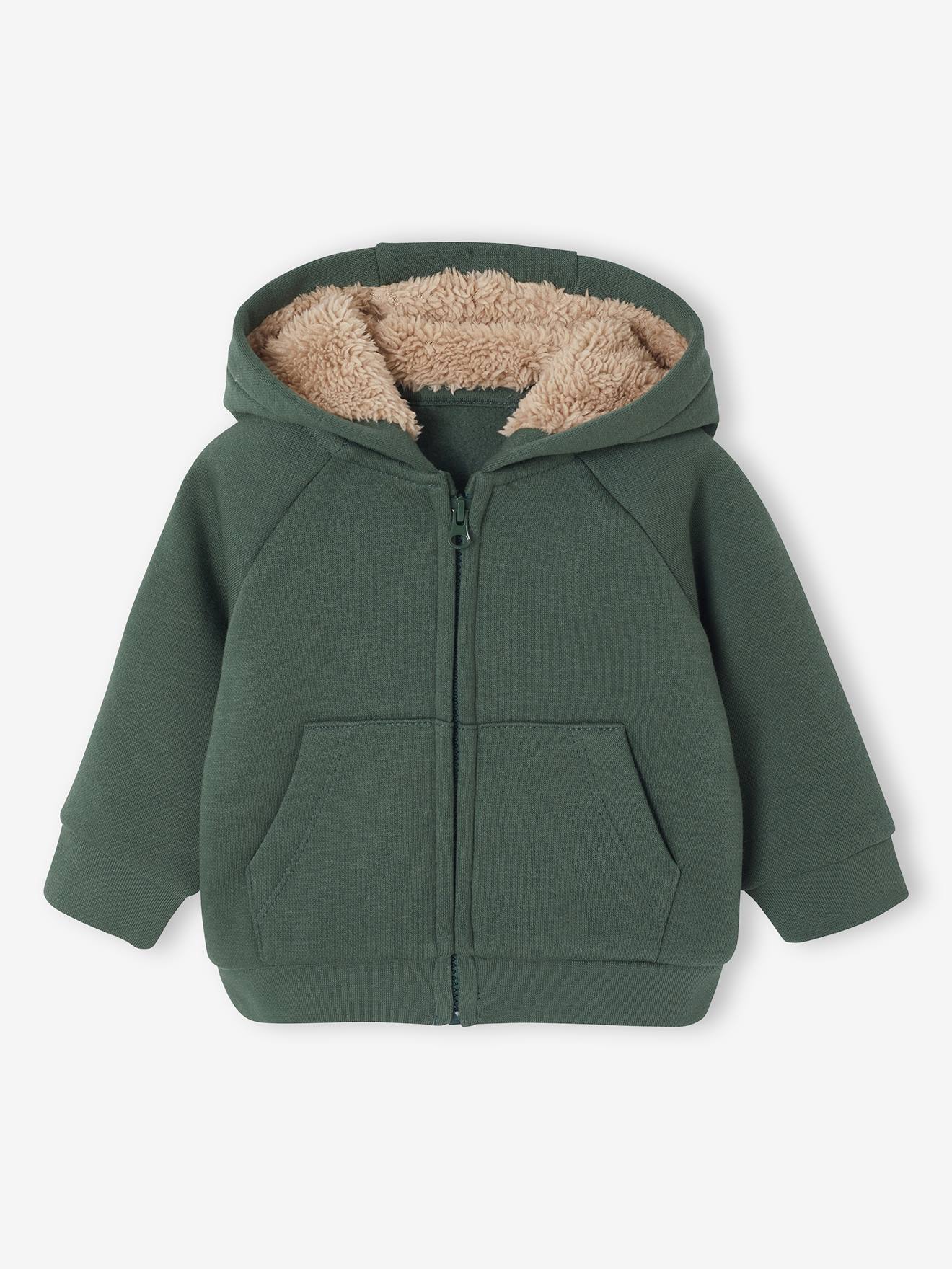 Cardigan bébé en molleton zippé à capuche doublée vert sapin