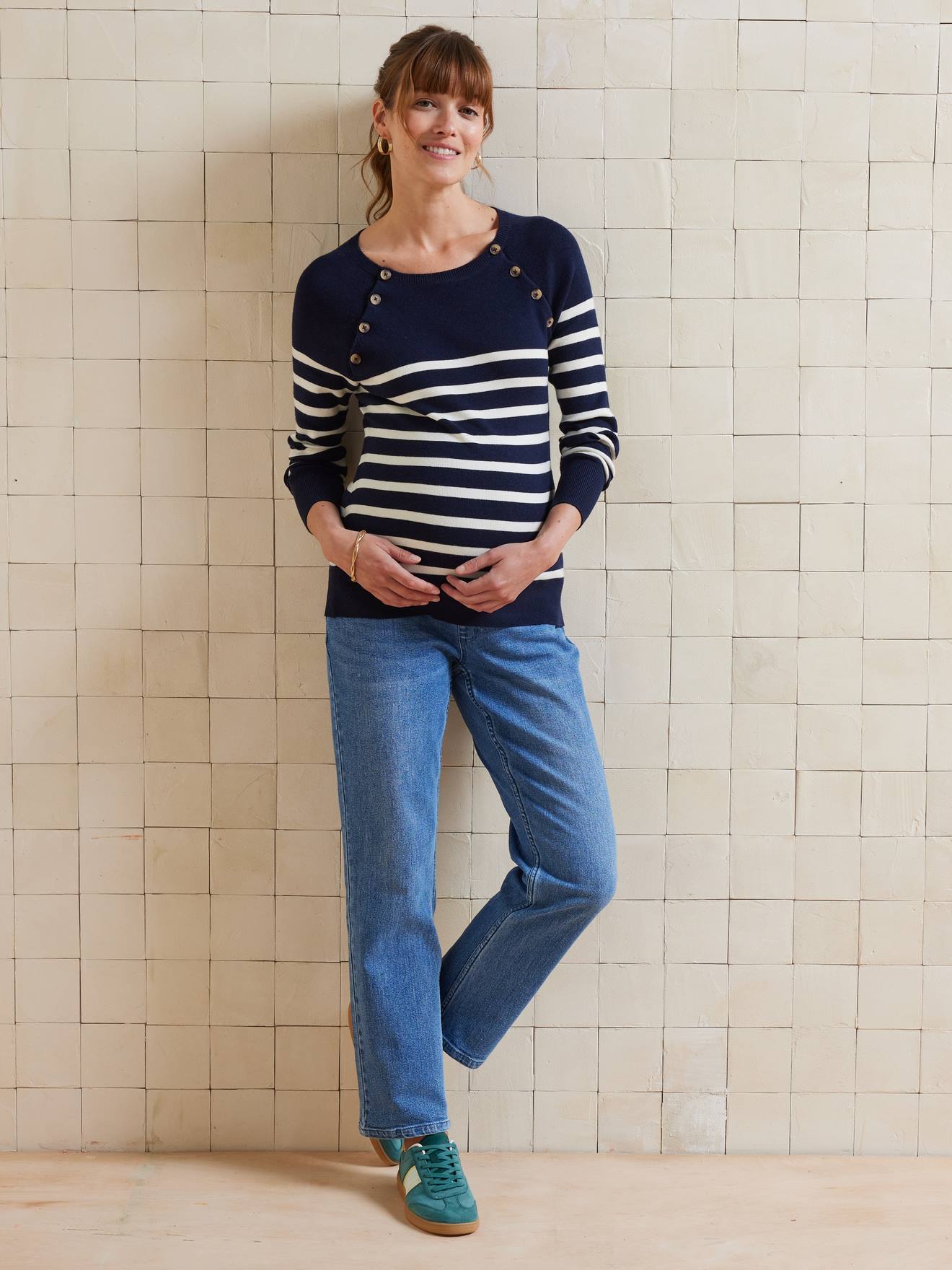 Pull marinière grossesse et allaitement ouvertures raglan marine