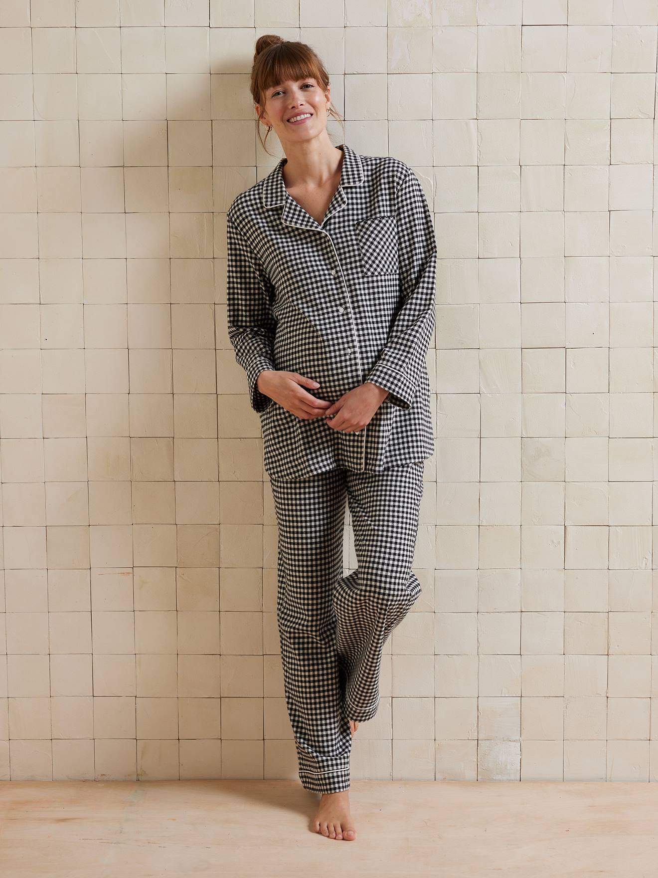Ensemble 2 pièces pyjama de grossesse coton vichy carreaux noir
