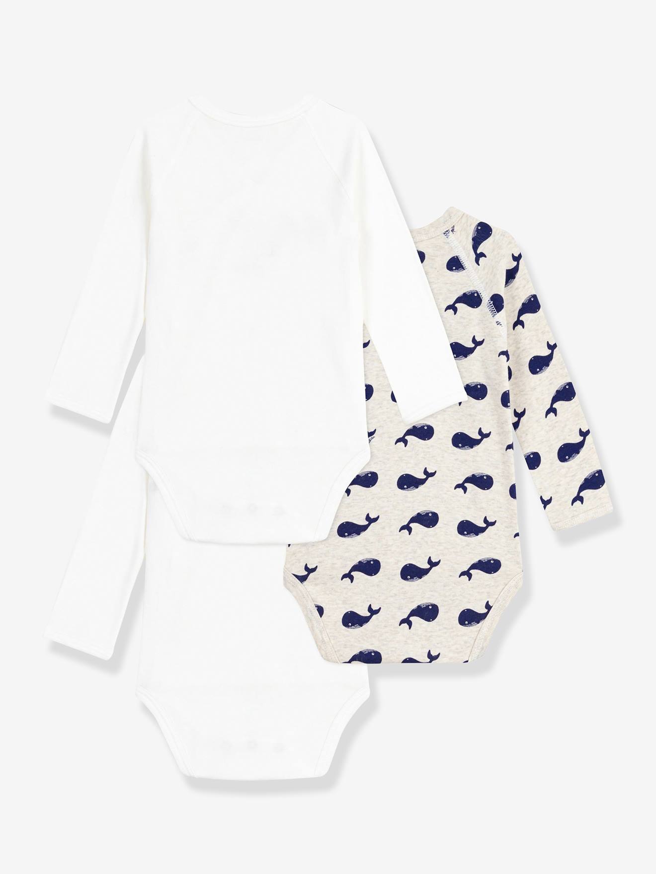 Lot de 3 bodies croisés manches longues imprimés bébé blanc (Petit Bateau) - Image 1