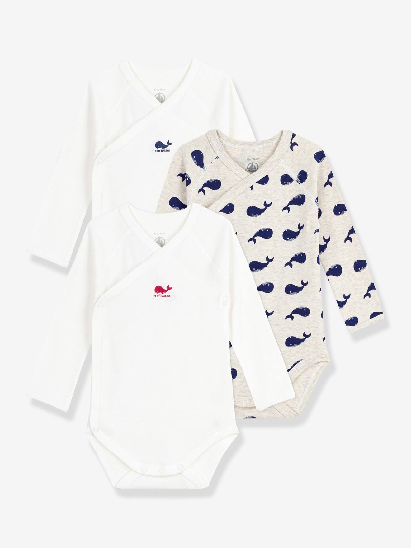 Lot de 3 bodies croisés manches longues imprimés bébé blanc (Petit Bateau) - Couverture