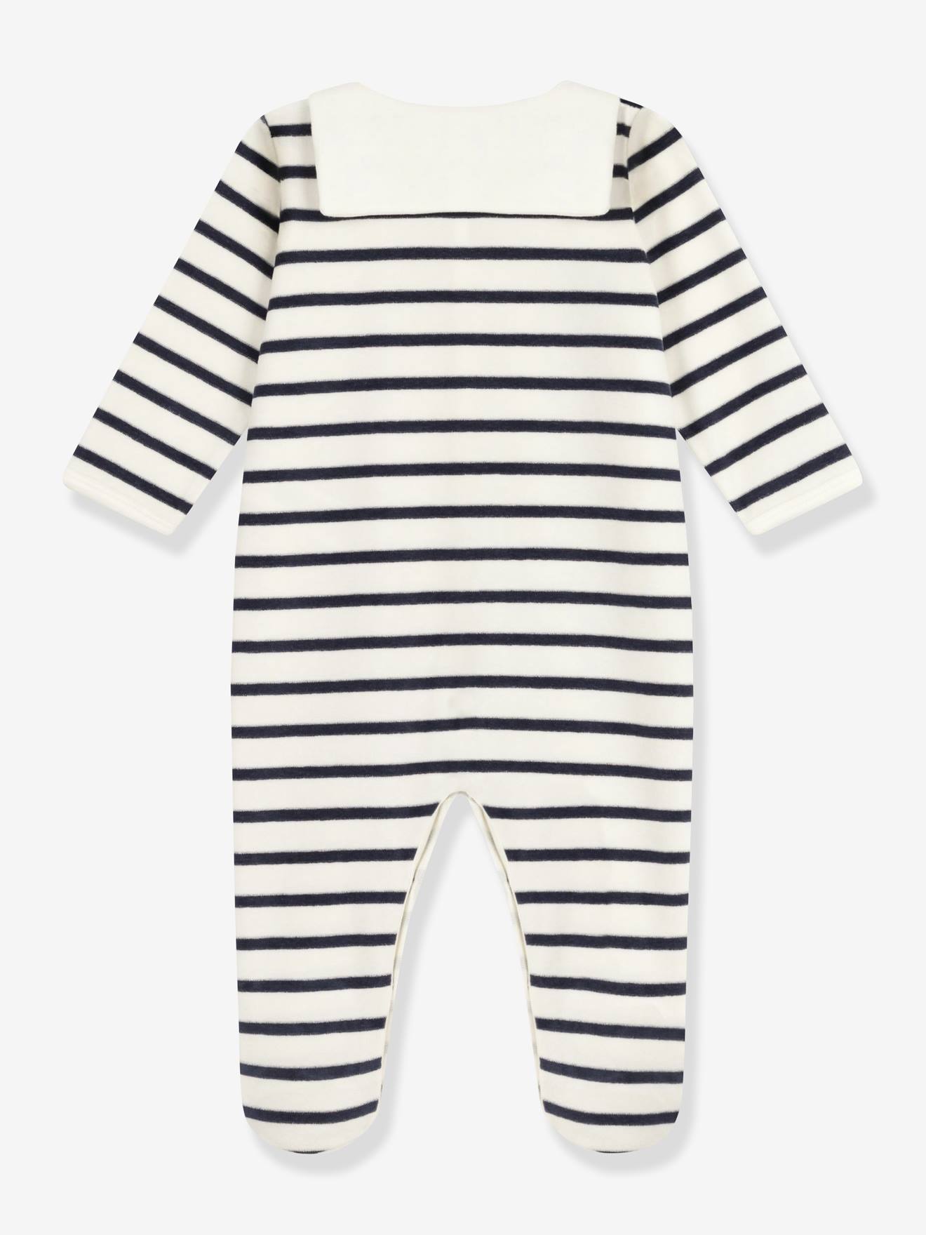 Pyjama bébé mixte en velours imprimé rayures marine (Petit Bateau) - Image 1