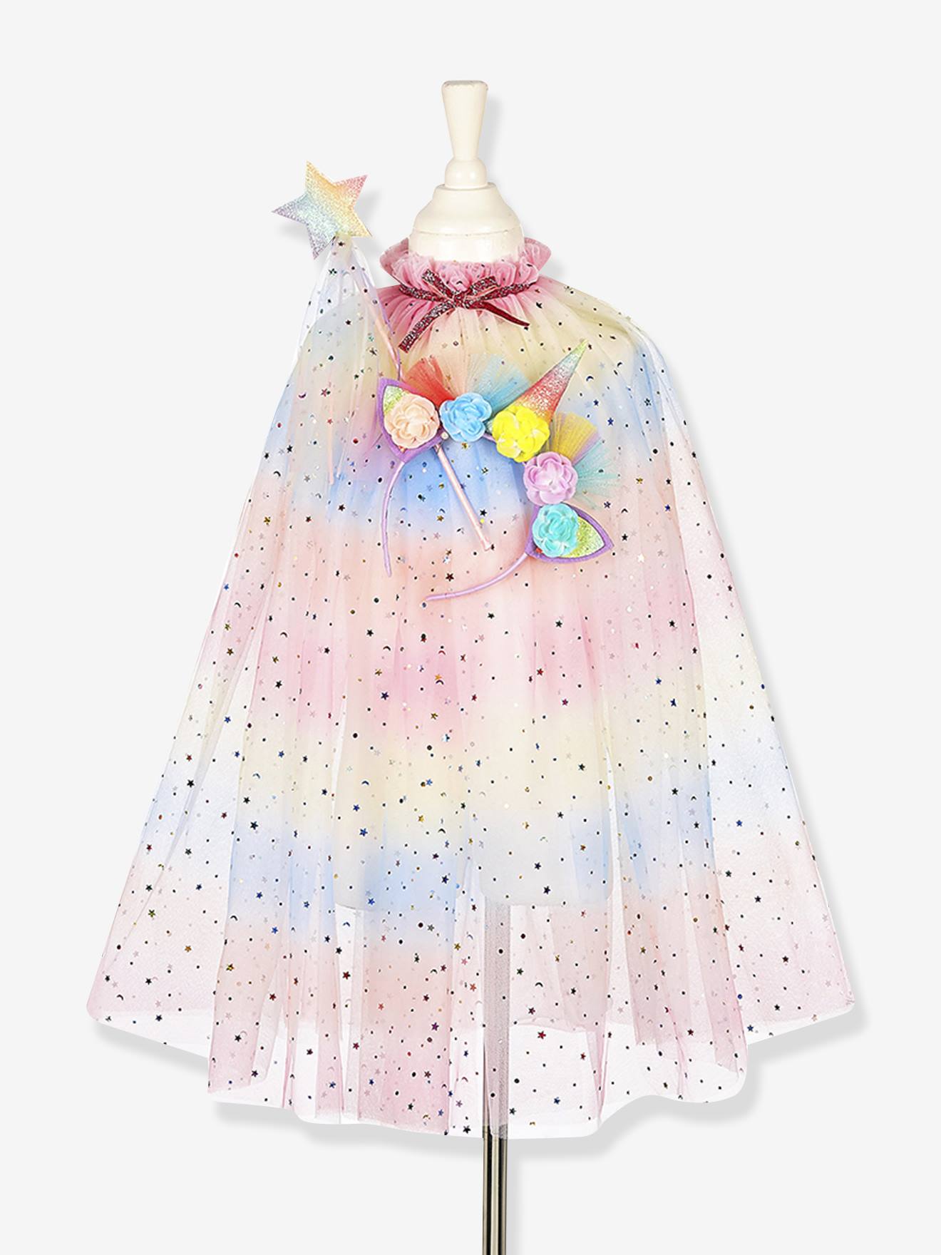 Déguisement licorne : cape + serre-tête + baguette multicolore