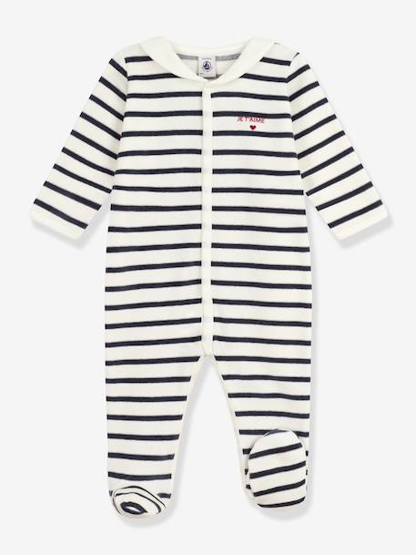 Petit Bateau - Pyjama bébé mixte en velours imprimé rayures marine