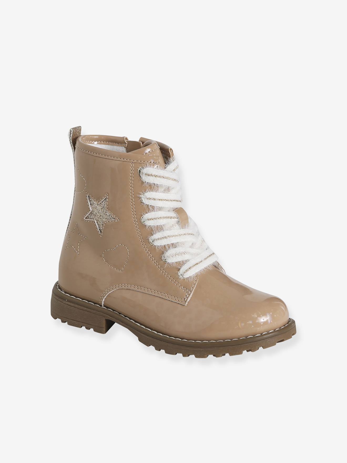 Bottines enfant fille zippées et lacets élastiqués rose nude