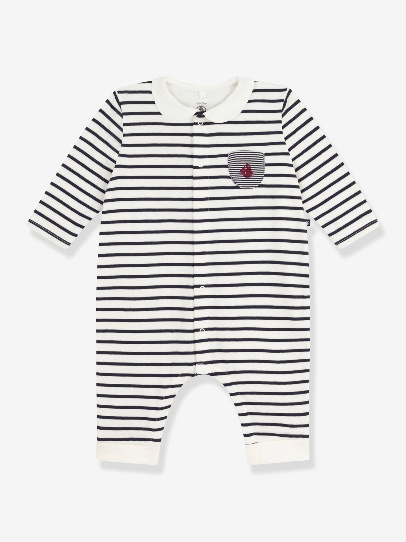 Combinaison longue à col bébé en coton rayure marinière marine