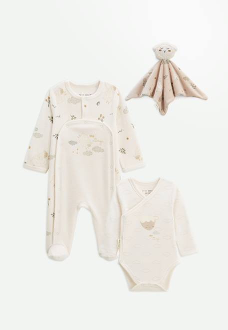Petit Beguin - Kit Naissance 3 Pièces Pyjama, Body Et Doudou Bébé Câlins Ecru