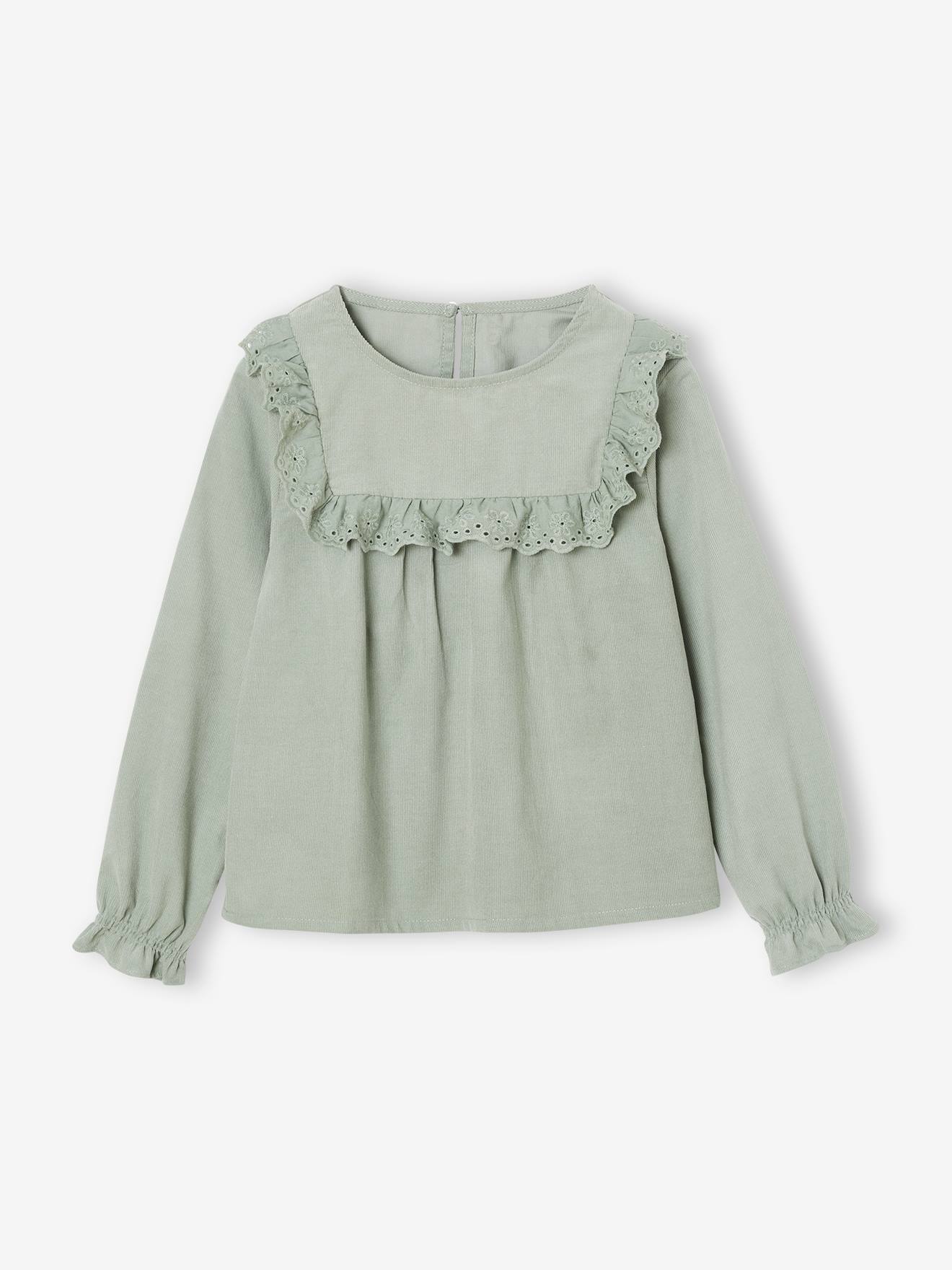 Blouse fille velours à volants détails broderie anglaise vert de gris