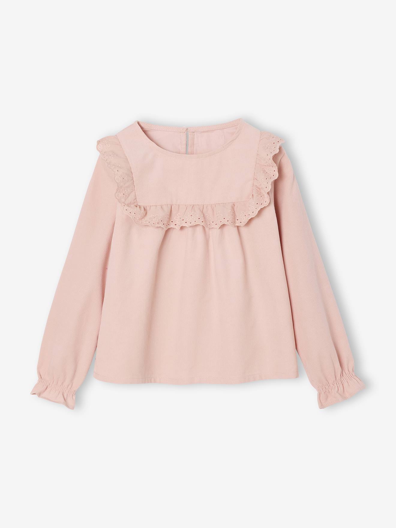 Blouse fille velours à volants détails broderie anglaise rose poudré