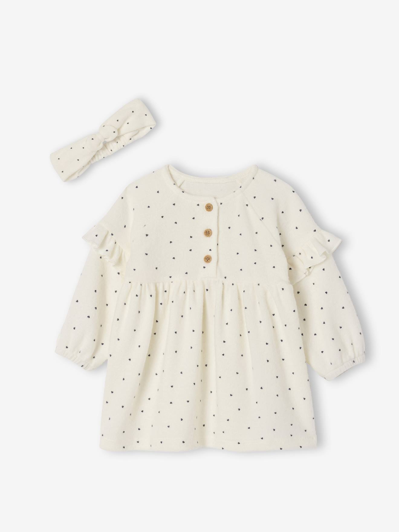 Ensemble naissance robe + bandeau imprimés coeurs écru