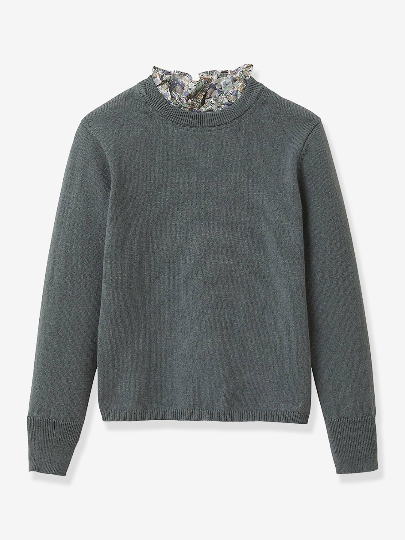 Pull Fille Col Tissu Liberty Vert Fonce Uni
