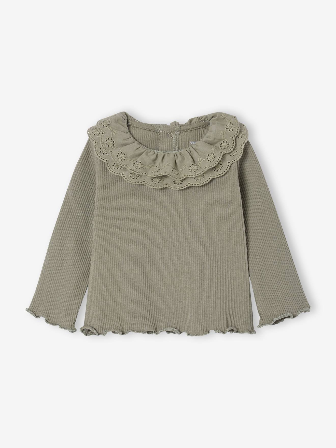 T-shirt bébé manches longues avec collerette brodée kaki