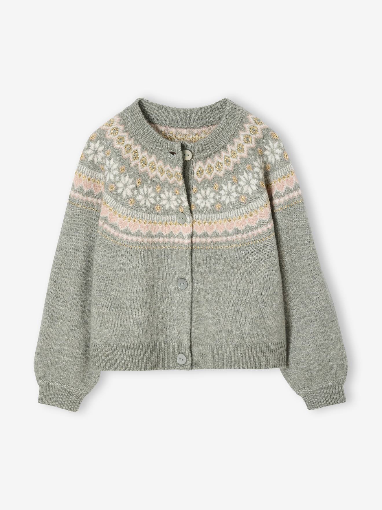 Gilet jacquard fille maille fantaisie fil brillant vert de gris 14 €