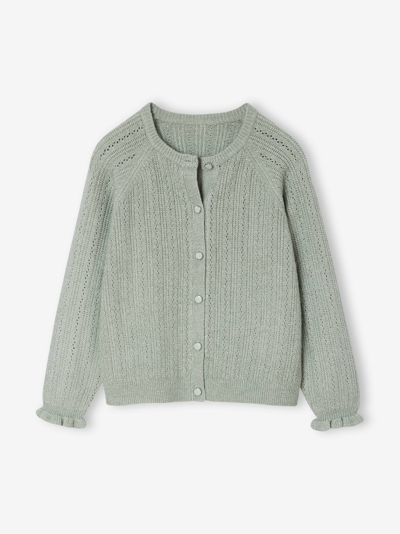 Gilet fille en maille mousseuse ajoure vert sauge 13$