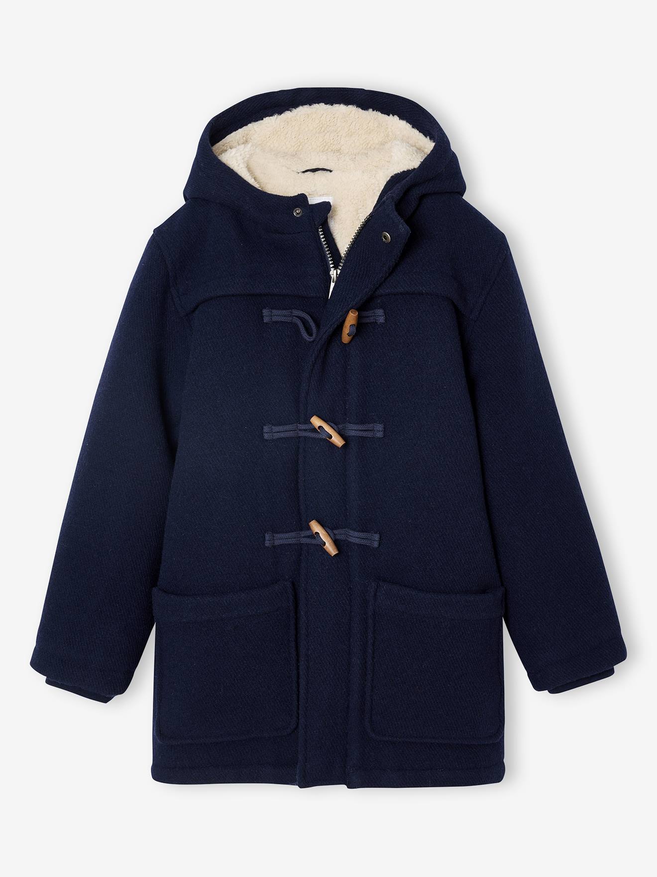 Duffle-coat garçon en drap de laine doublé sherpa marine