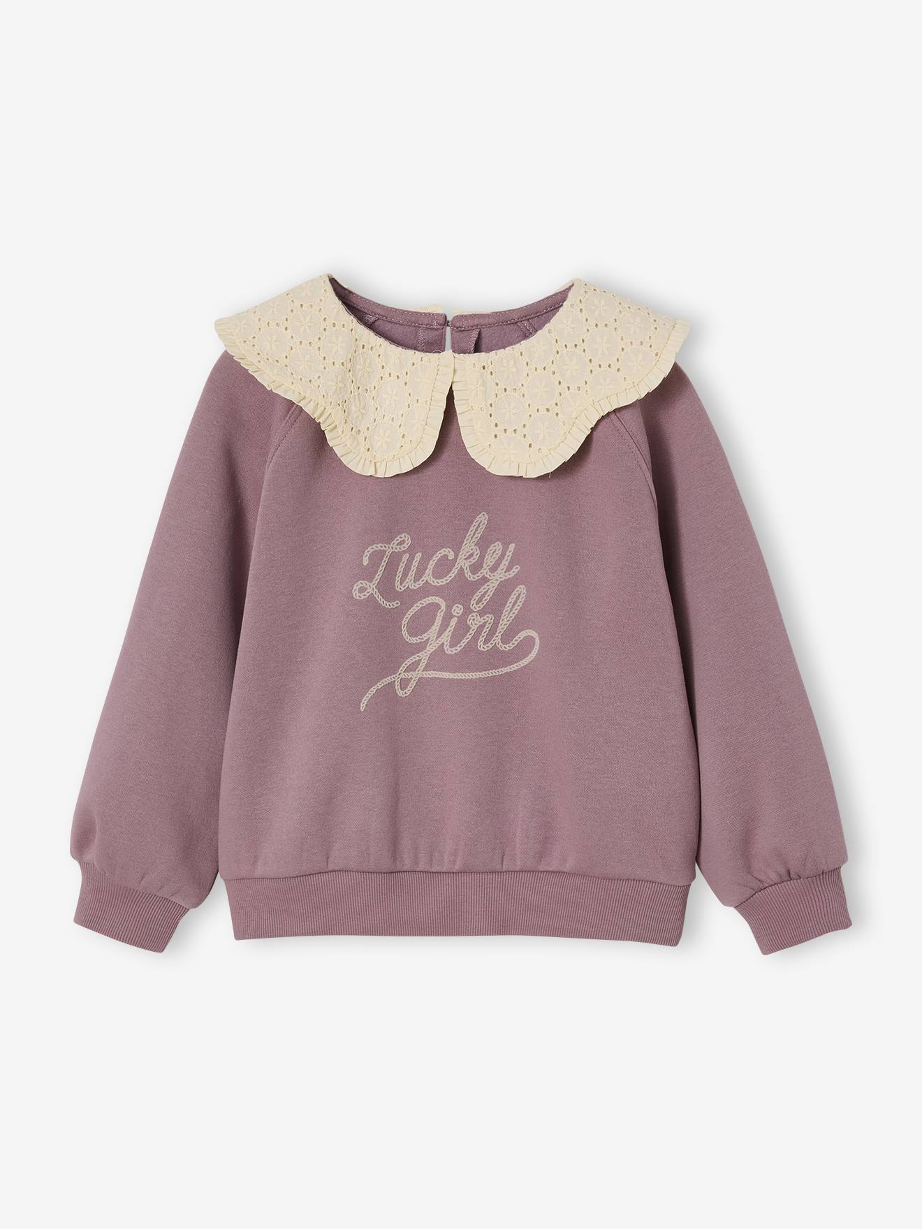 Sweat fille col claudine broderie anglaise mauve