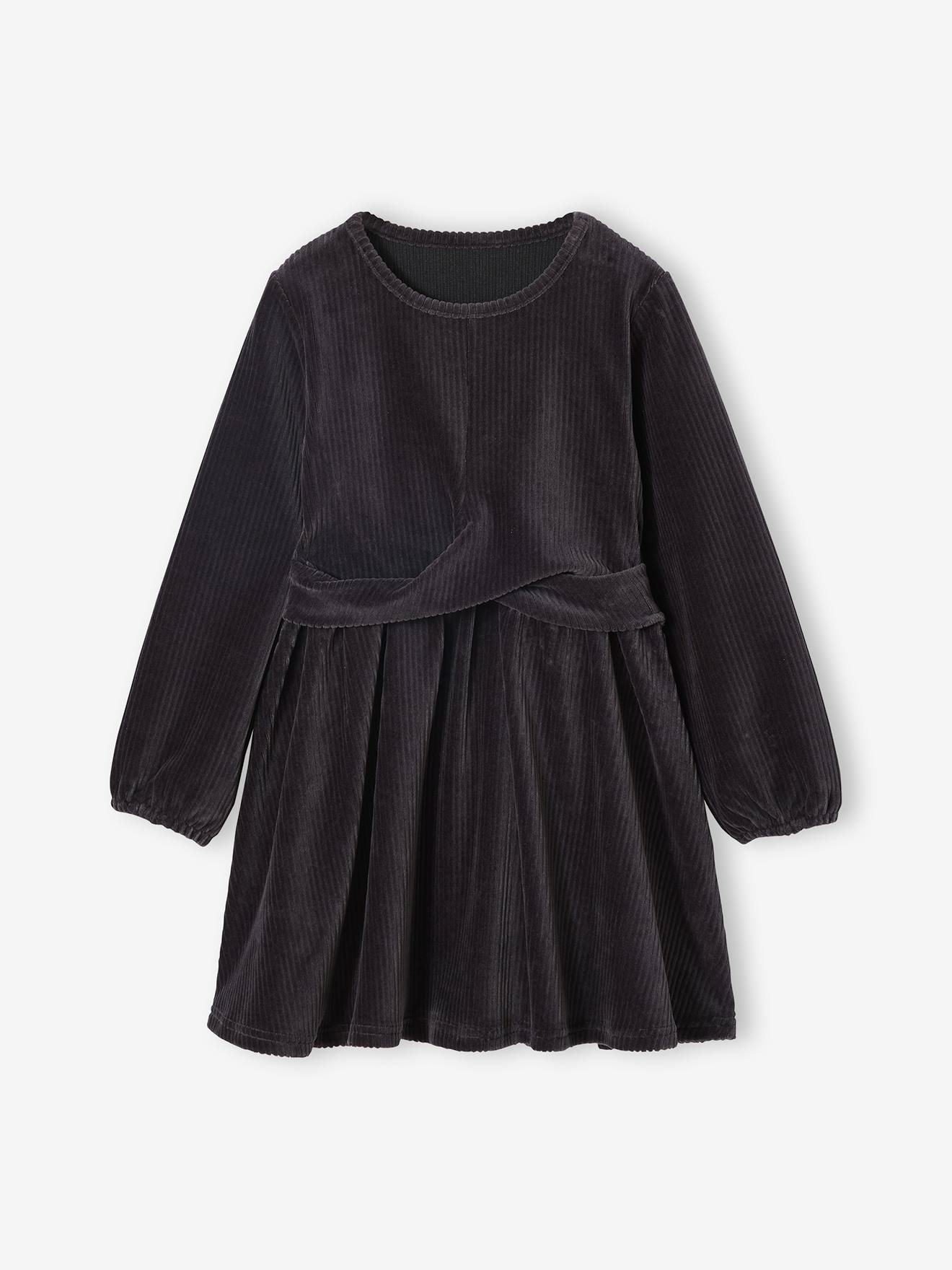Robe fille velours côtelé effet croisé anthracite