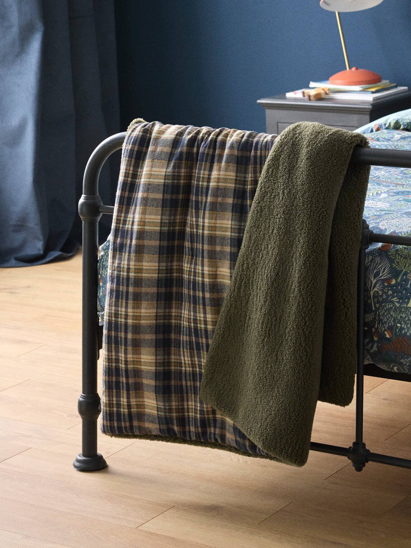 Plaid Réversible Sherpa Et Tartan Kaki