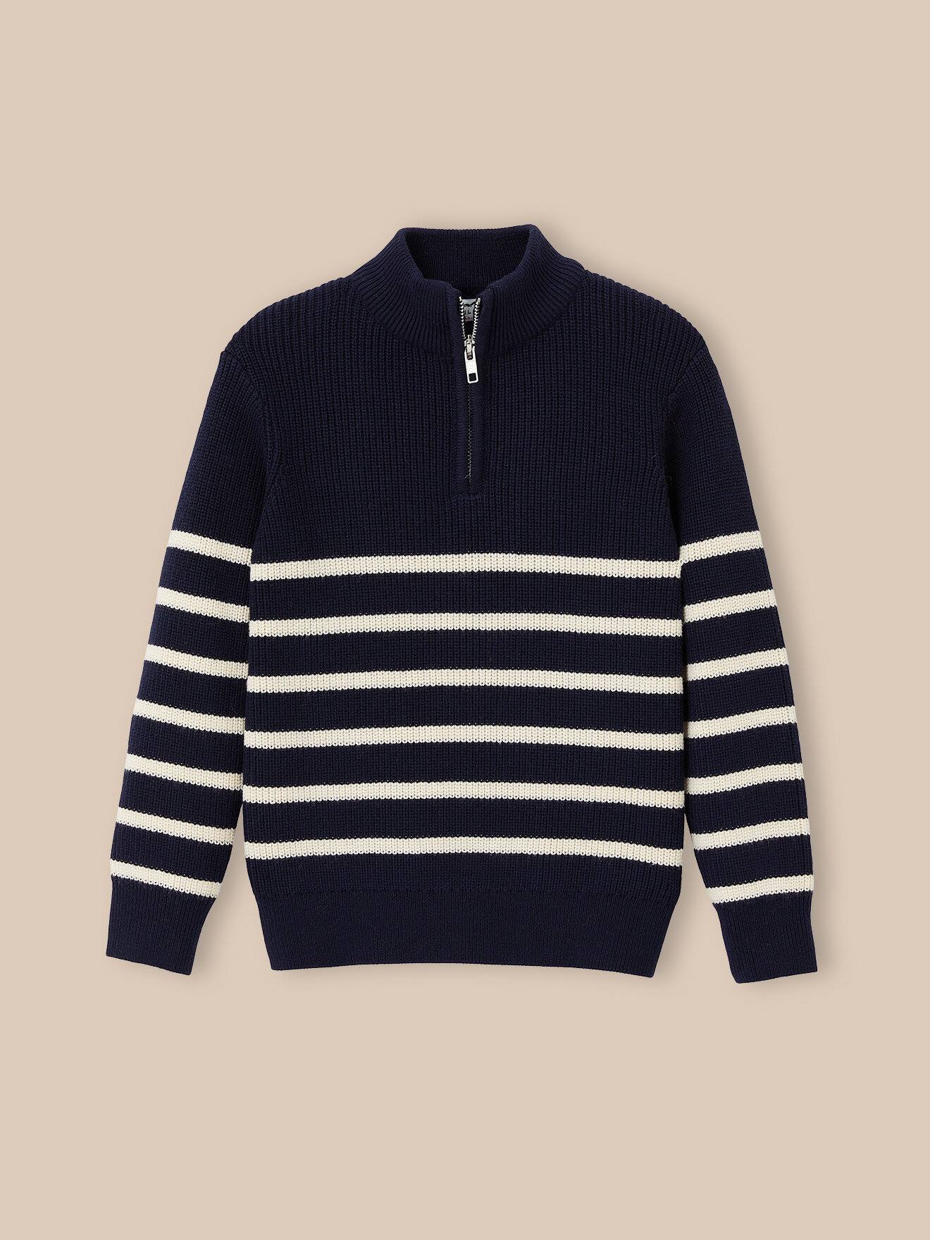 Pull Col Zippé Garçon Rayure Bico Bleu