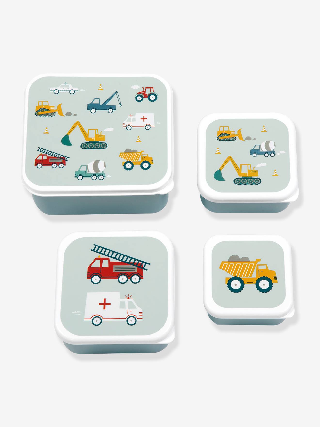 Lot de 4 boîtes à lunch pour garçons VEHICULES A Little Lovely Company bleu pâle