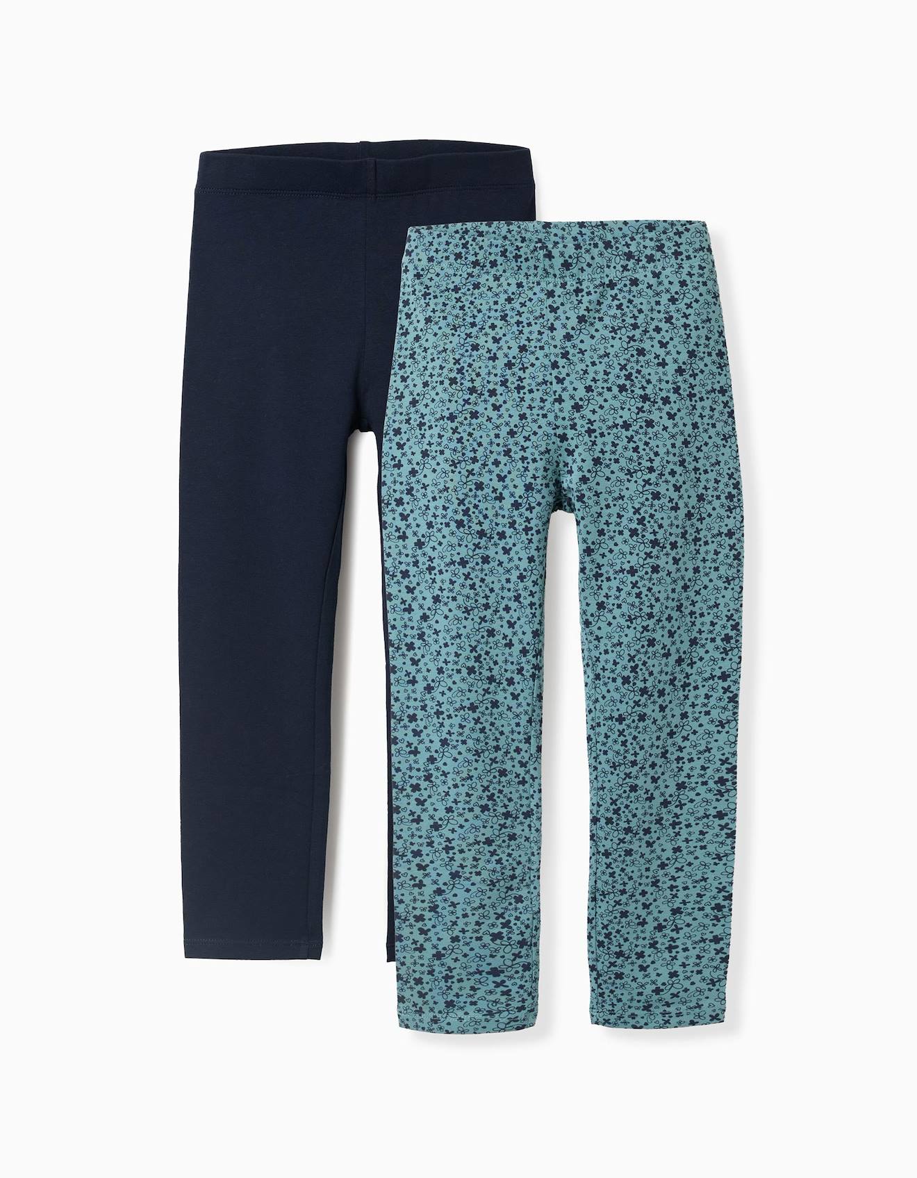 Lot De 2 Leggings Floral/uni Bleu Foncé