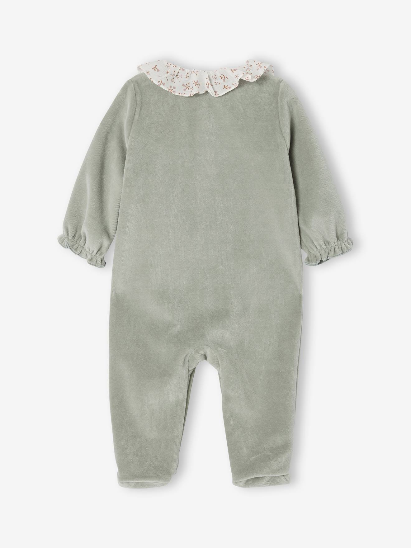 Pyjama bébé fille velours collerette imprimée vert sauge (Vertbaudet) - Image 1