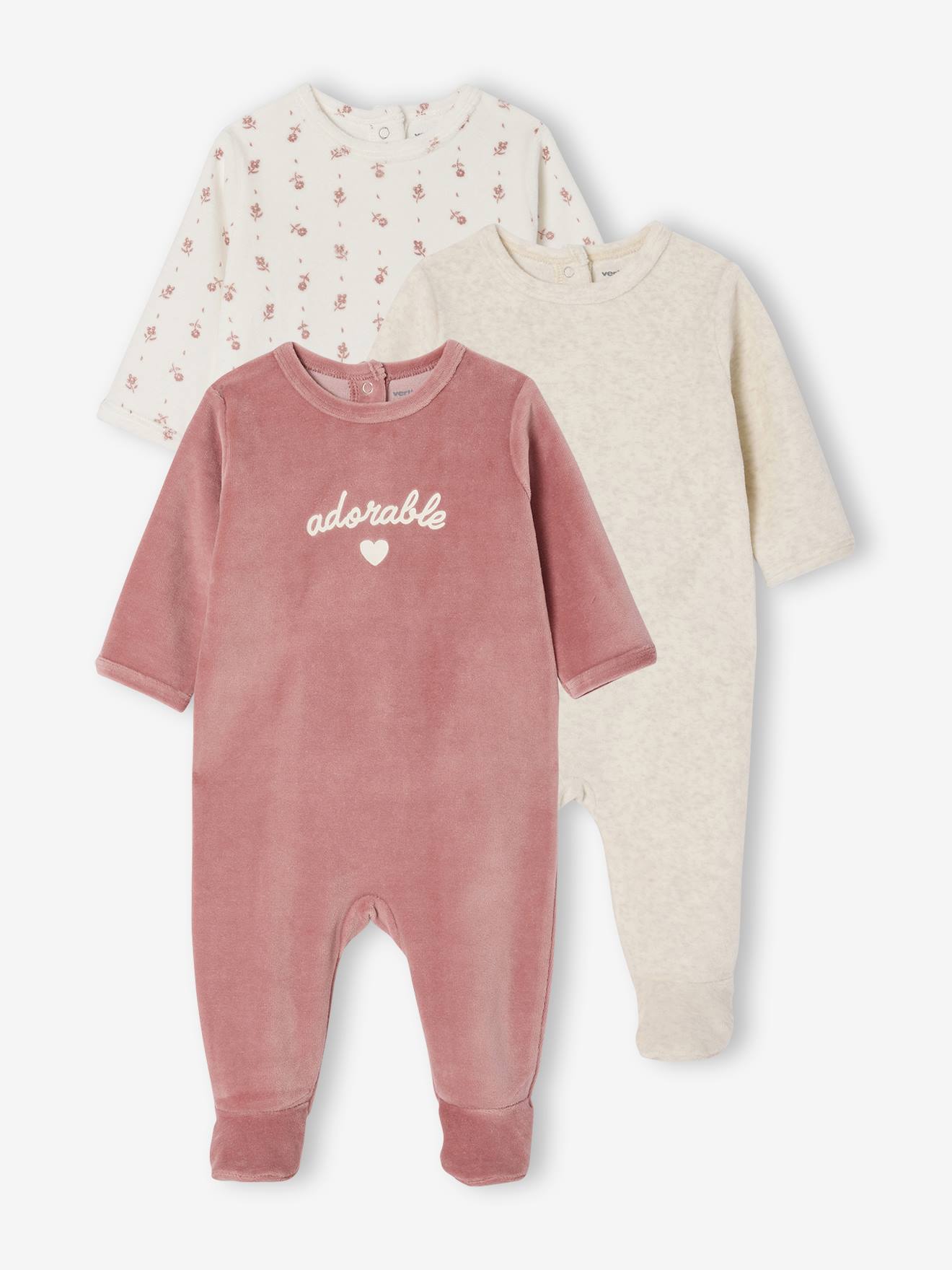 Lot de 3 pyjamas bébé mixtes en velours rose