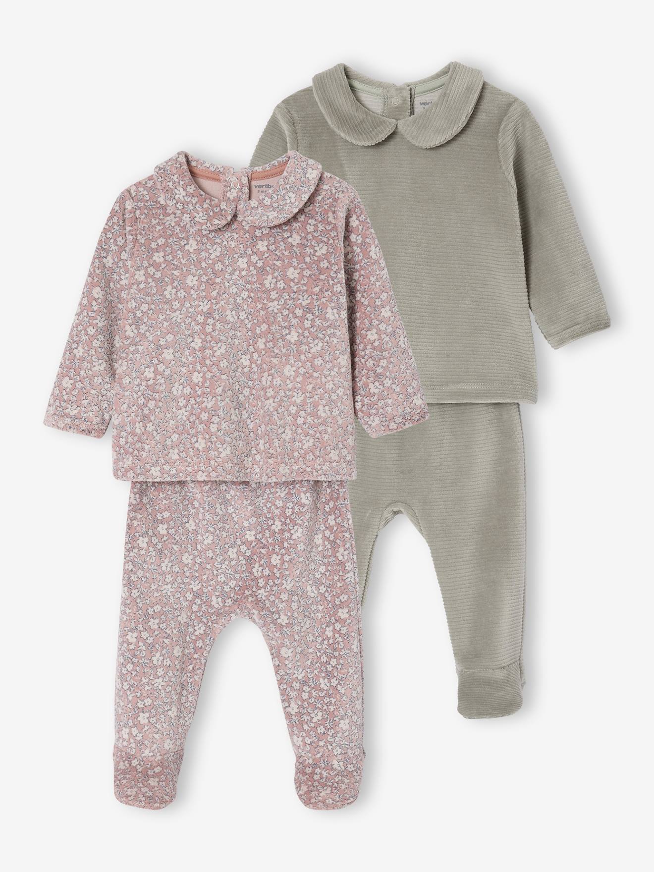 Lot de 2 pyjamas naissance 2 pièces en velours vieux rose