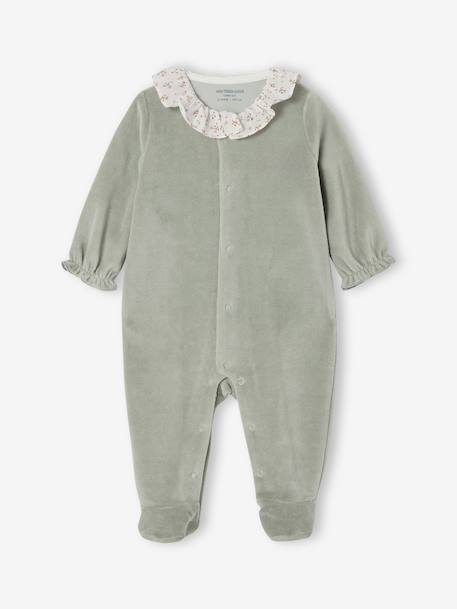 Vertbaudet - Pyjama bébé fille velours collerette imprimée vert sauge