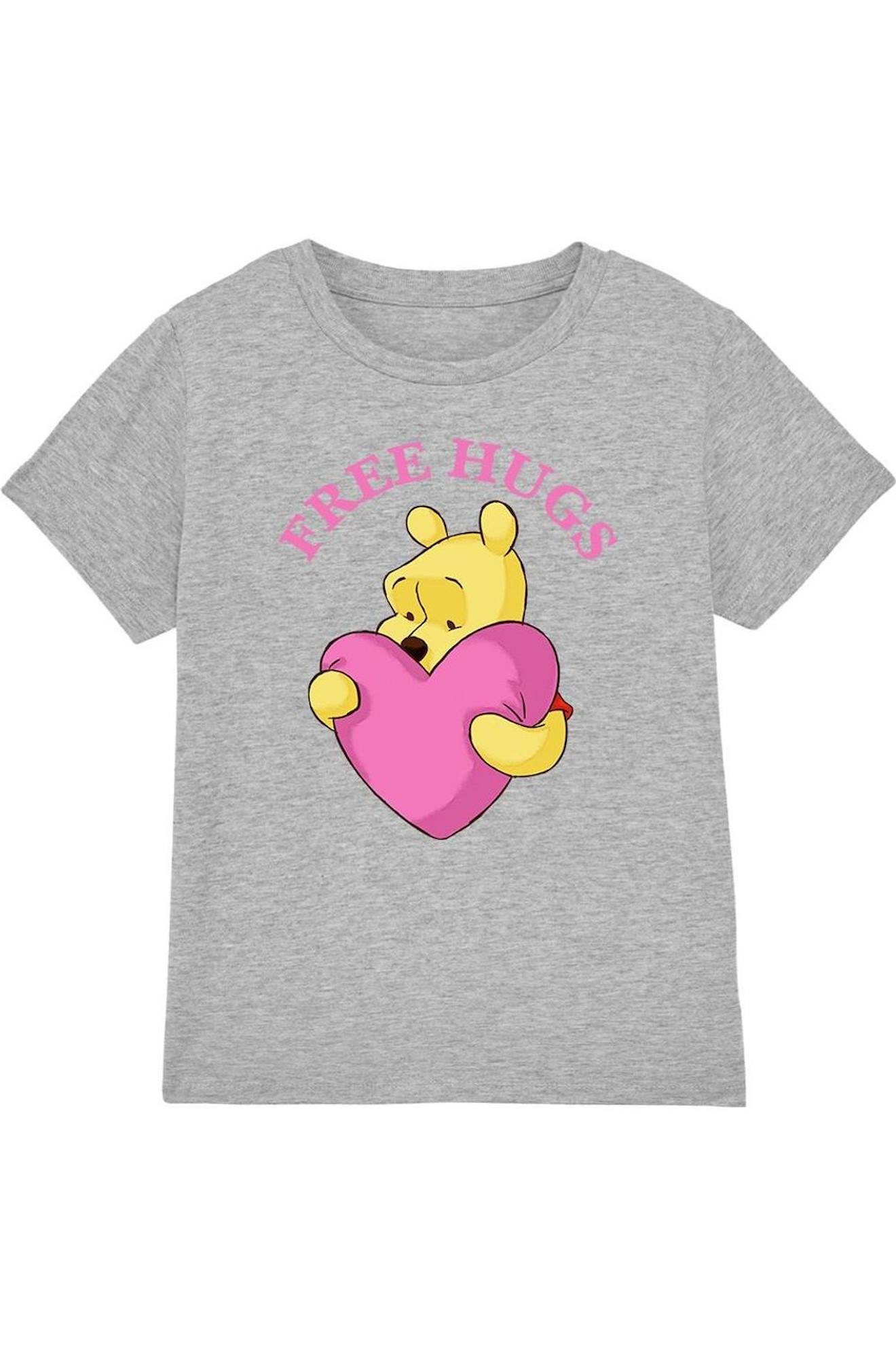 T-shirt Coton Winnie L'ourson Free Hugs Gris Chiné